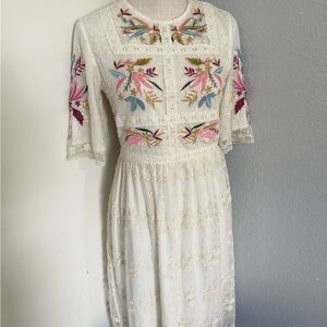 Womens Floral Embroidered Midi Ivory Dress